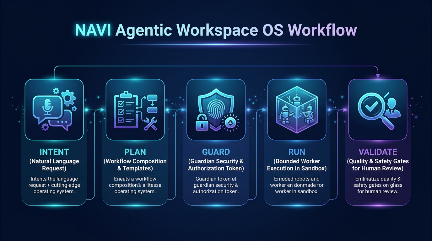 Bagan alur NAVI Agentic Workspace OS: Intent, Plan, Guard, Run, dan Validate, dari permintaan kerja hingga hasil siap ditinjau.